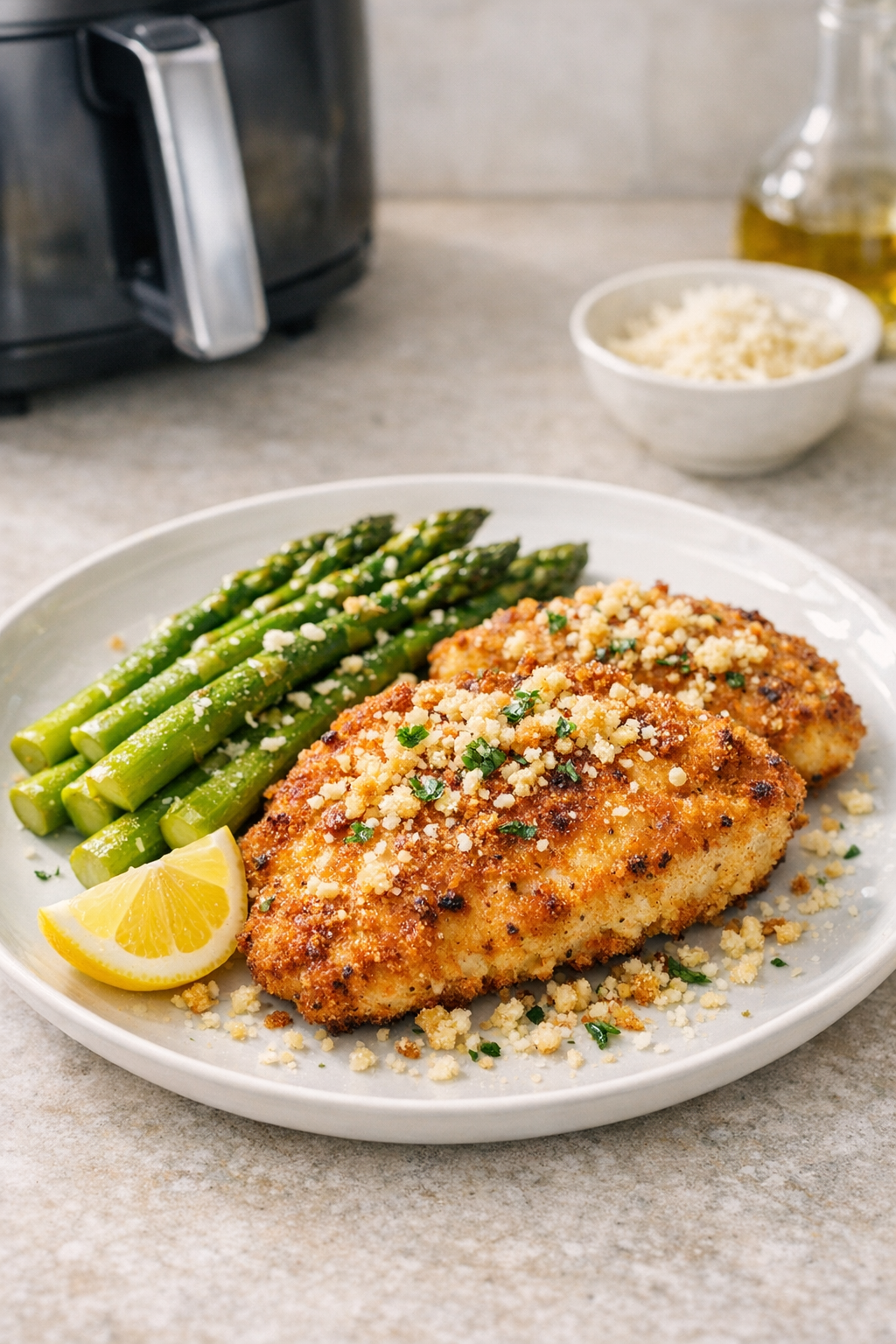 Crispy Air Fryer Chicken Cutlets with Asparagus
