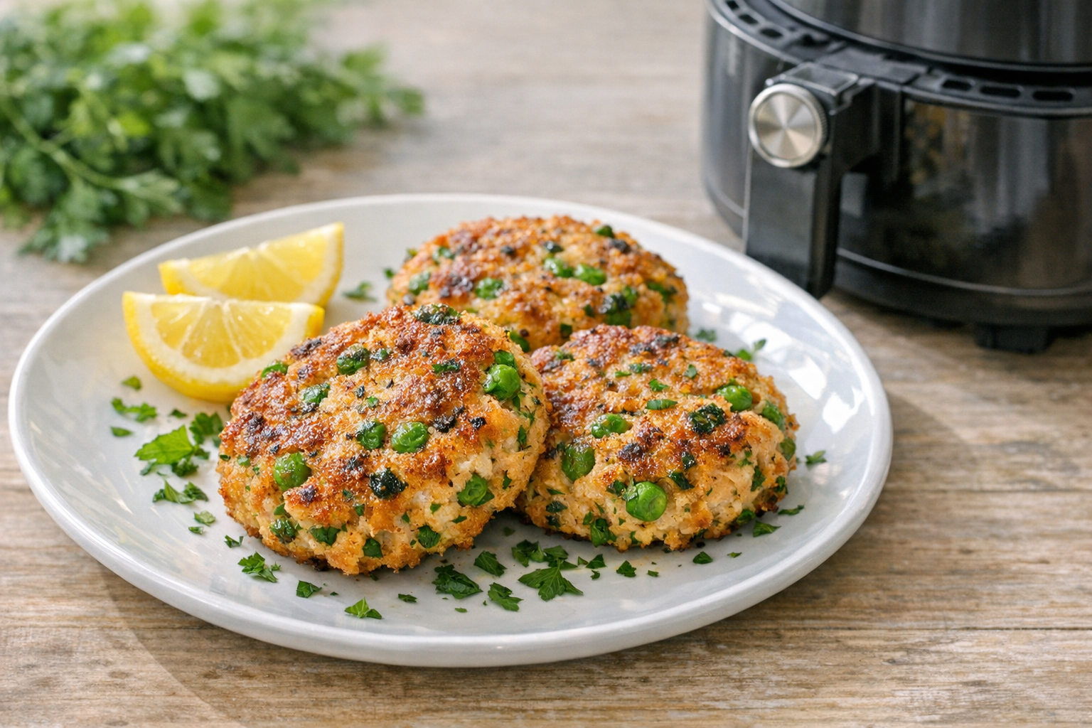 Easy Air Fryer Salmon Cakes (with Peas & Herbs)