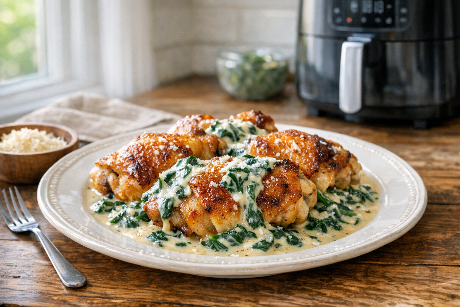 One-Basket Air Fryer Chicken Thighs + Creamy Spinach Sauce