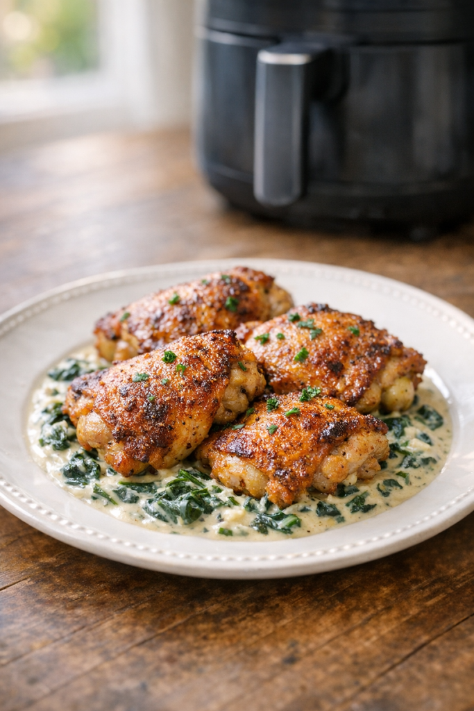 One-Basket Air Fryer Chicken Thighs with Creamy Spinach Sauce