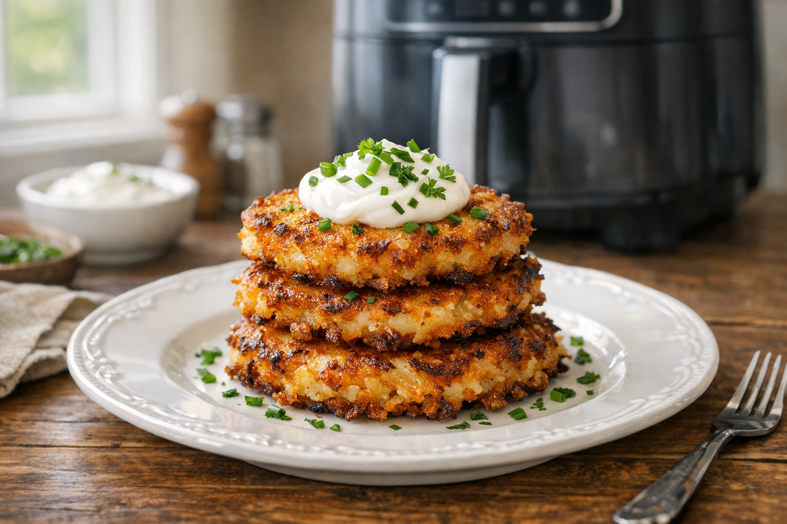 Crispy Air Fryer Potato Cakes with Herbs & Sour Cream