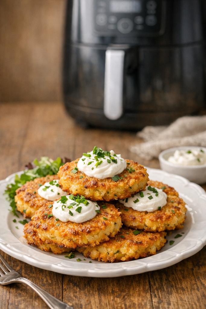 Crispy Air Fryer Potato Cakes with Fresh Herbs and Sour Cream