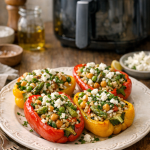 Vegetarian Air Fryer Stuffed Peppers with Spring Vegetables and Feta
