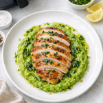 Healthy Air Fryer Chicken Breast with Pea Puree and Herb Oil