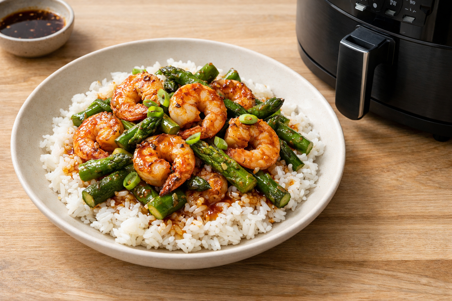 Quick Air Fryer Shrimp and Asparagus Rice Bowl