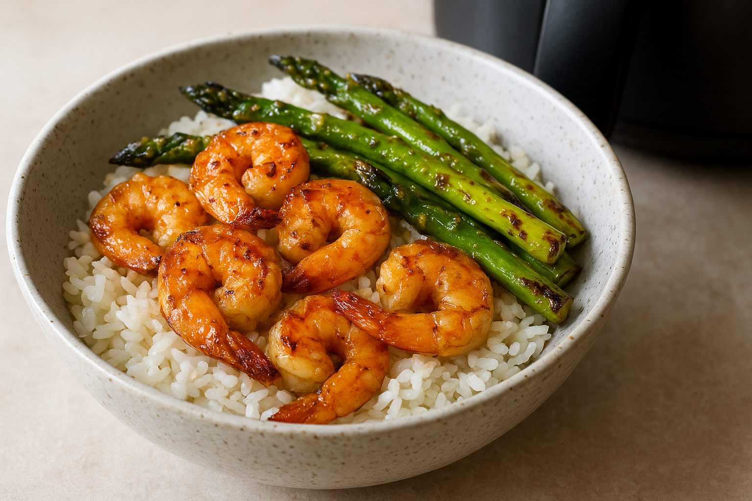 Quick Air Fryer Shrimp and Asparagus Rice Bowl