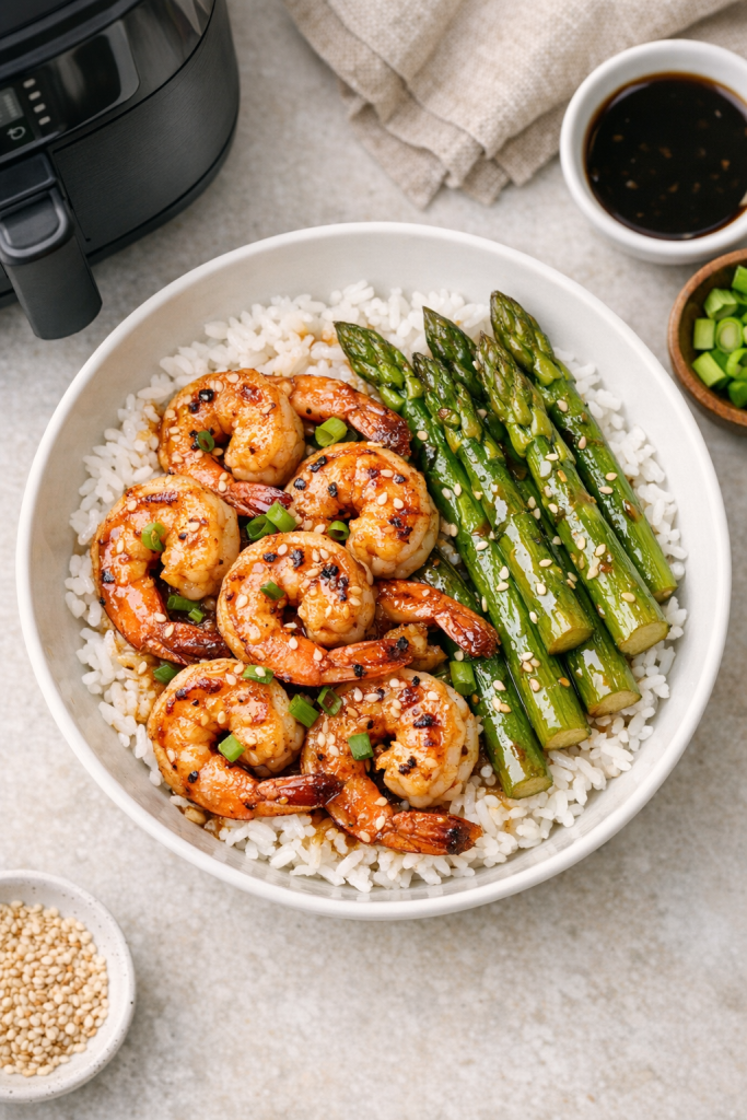 Quick Air Fryer Shrimp and Asparagus Rice Bowl