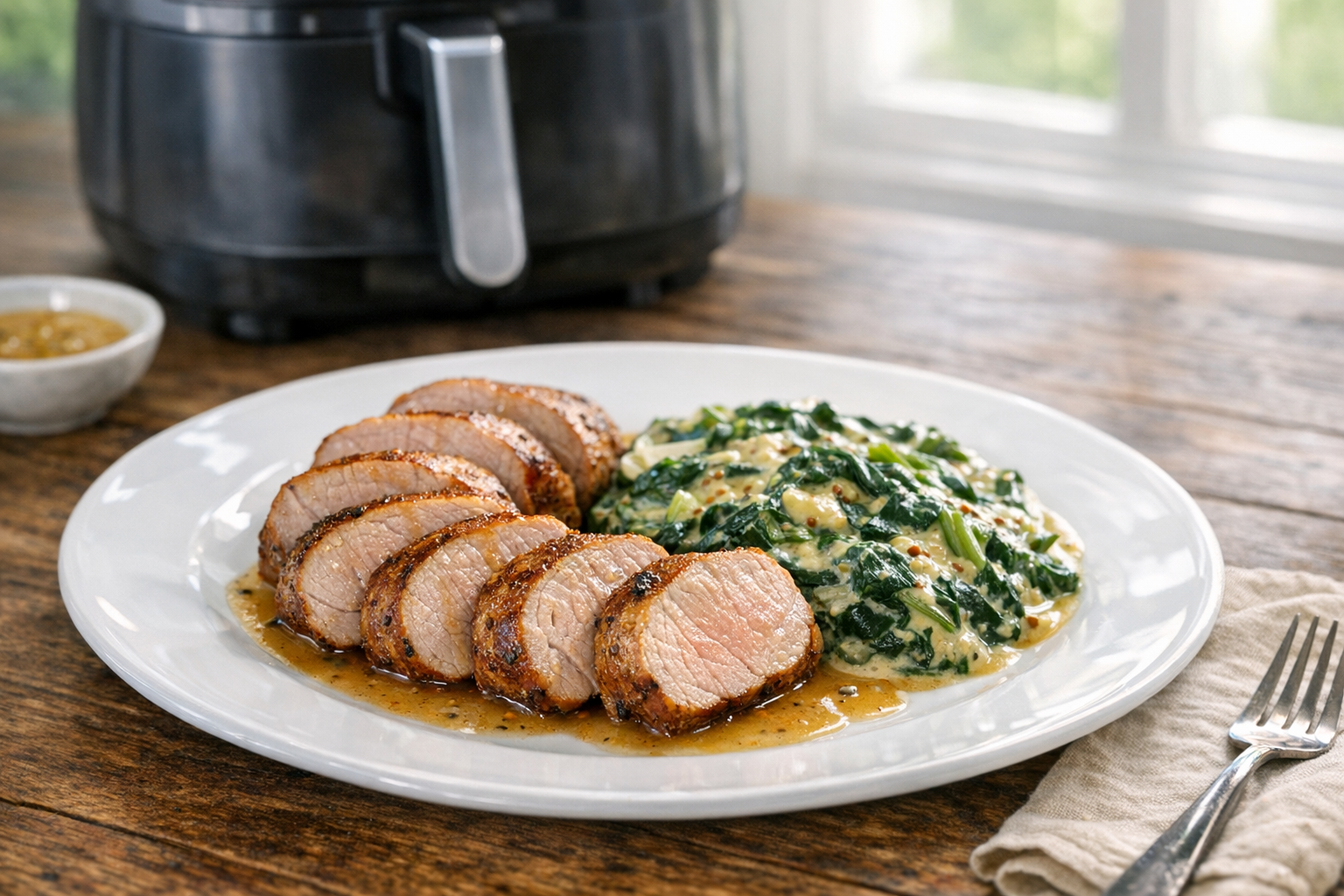 30-Minute Air Fryer Pork Tenderloin + Mustard Spinach