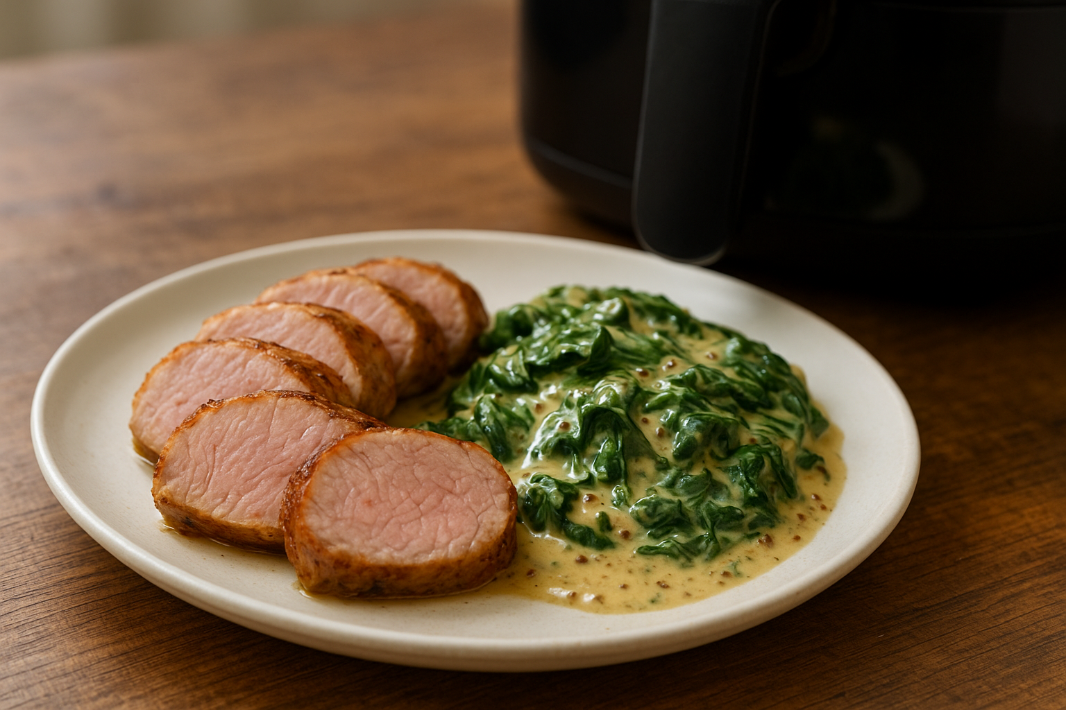 30-Minute Air Fryer Pork Tenderloin + Mustard Spinach