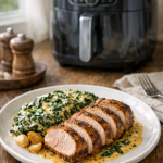 30-Minute Air Fryer Pork Tenderloin with Creamy Mustard Spinach