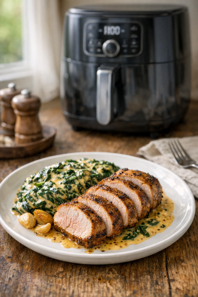 30-Minute Air Fryer Pork Tenderloin with Creamy Mustard Spinach