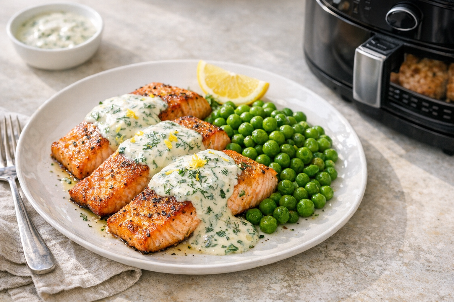 30-Minute Air Fryer Salmon with Peas & Dill Cream