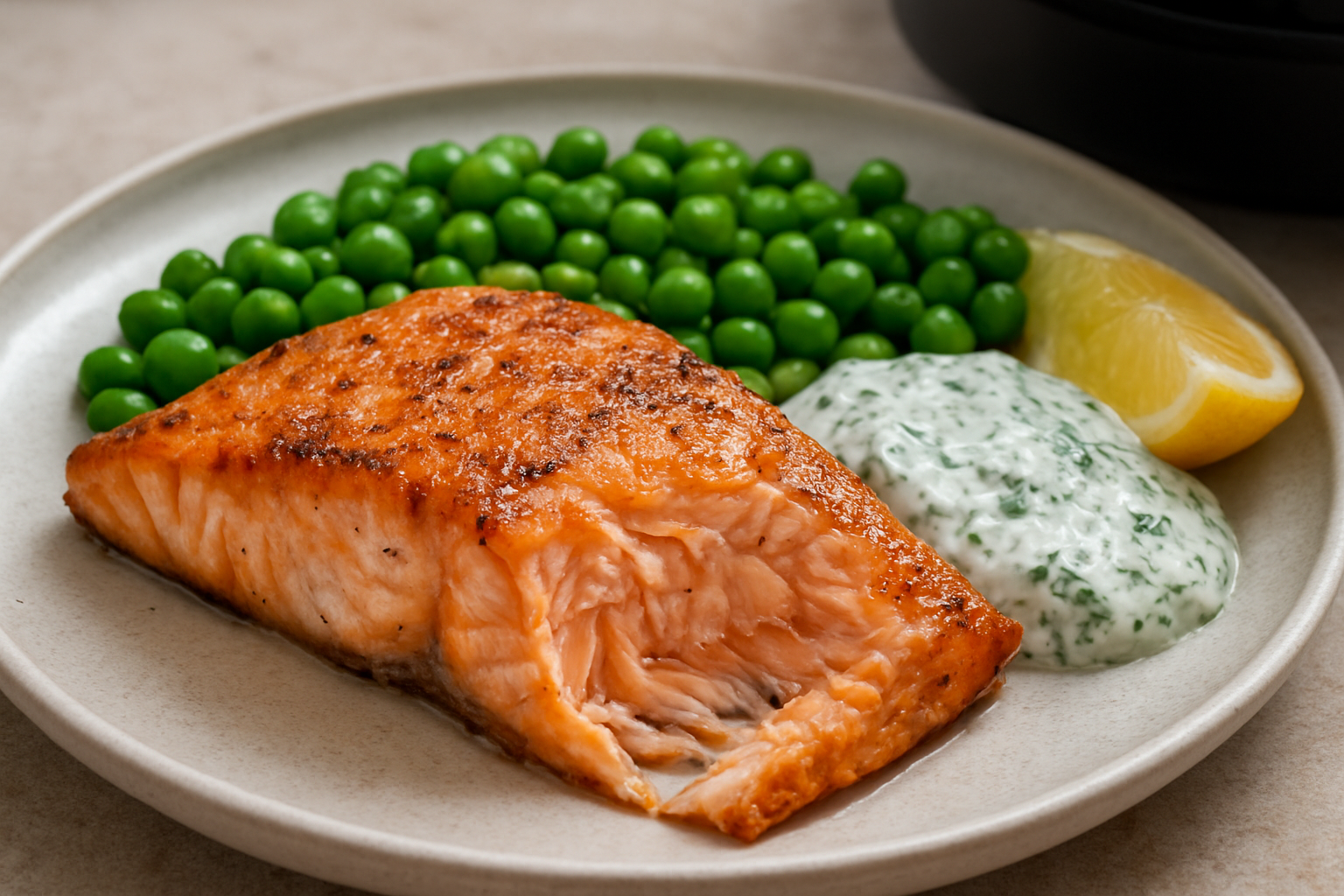 30-Minute Air Fryer Salmon with Peas & Dill Cream
