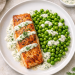 30-Minute Air Fryer Salmon with Green Peas and Dill Cream