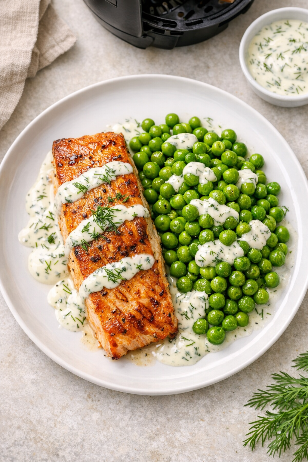 30-Minute Air Fryer Salmon with Peas & Dill Cream