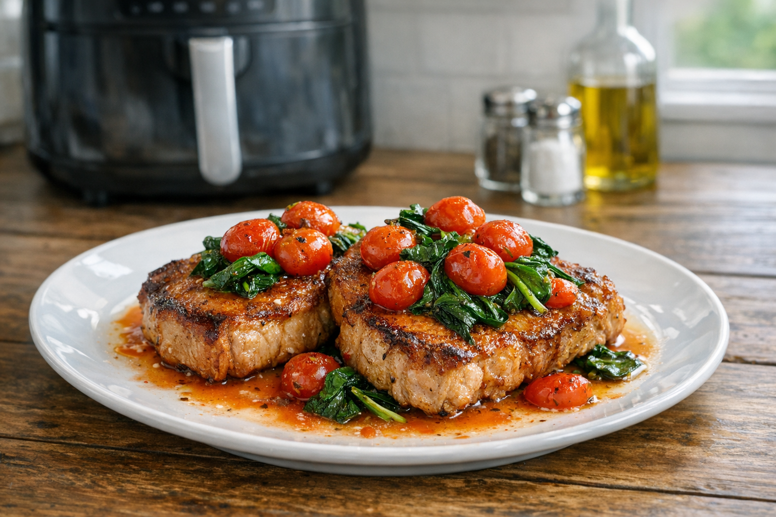 One-Basket Air Fryer Pork Chops with Tomatoes & Spinach