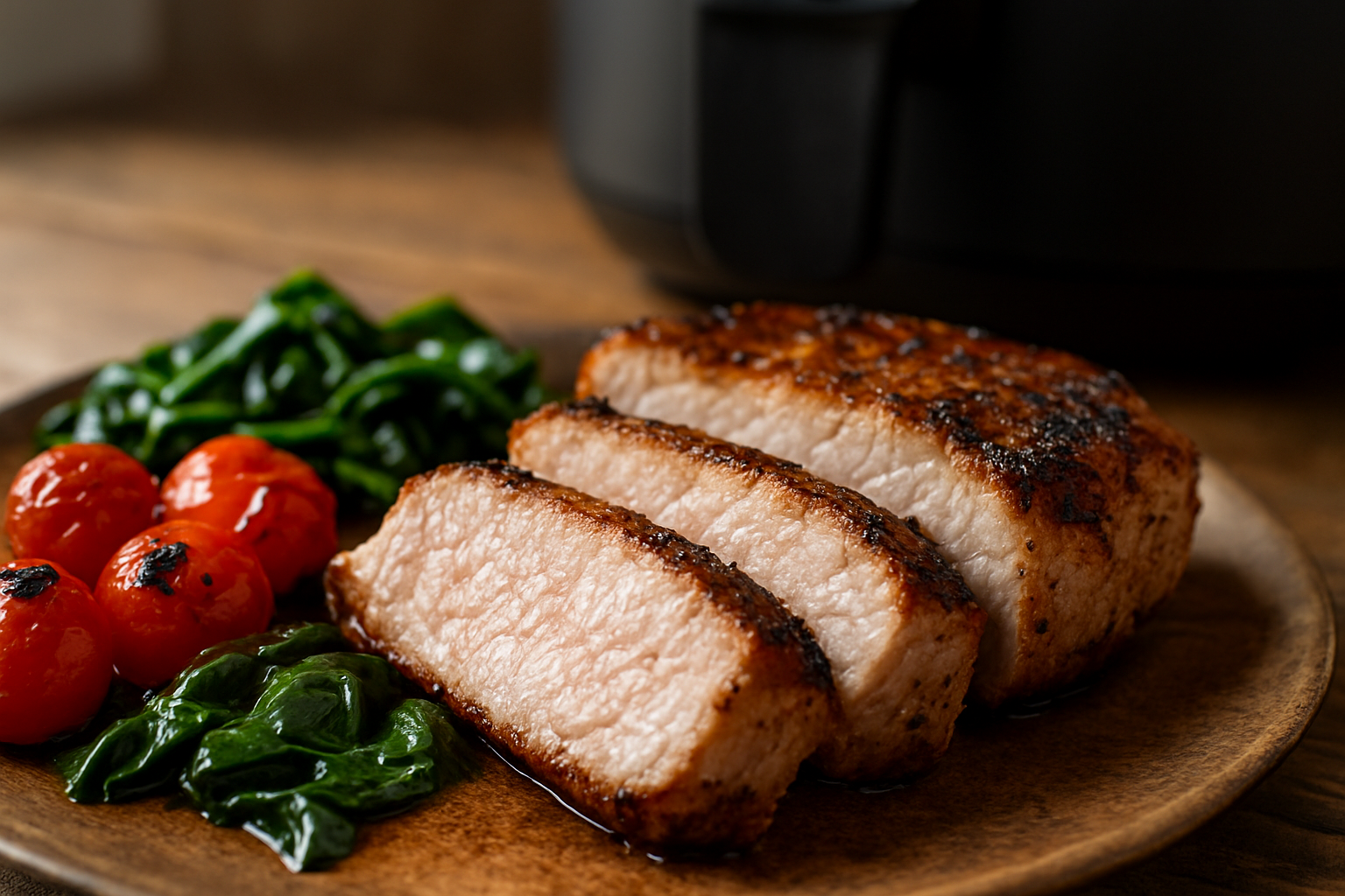 One-Basket Air Fryer Pork Chops with Tomatoes & Spinach