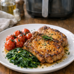One-Basket Air Fryer Pork Chops with Tomatoes and Spinach