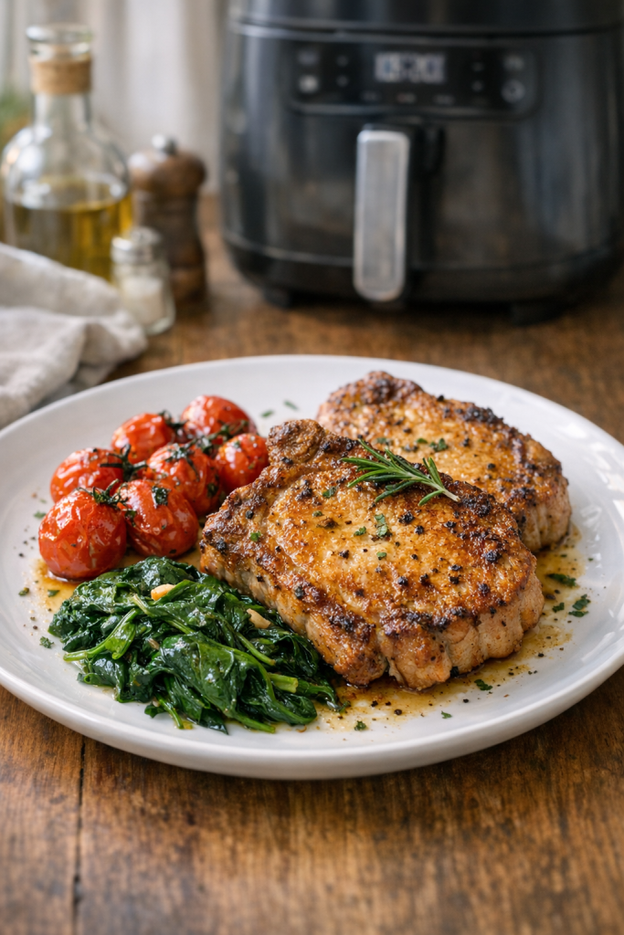 One-Basket Air Fryer Pork Chops with Tomatoes and Spinach