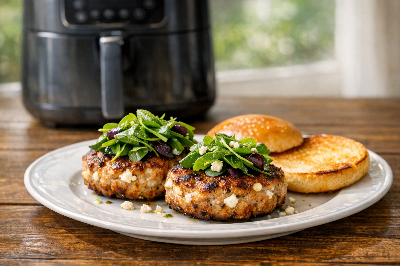 Air Fryer Turkey Burgers with Feta & Spring Greens