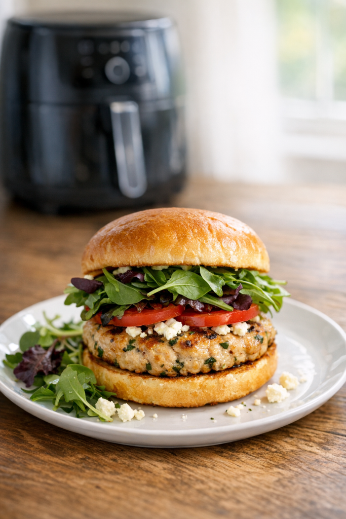 Easy Air Fryer Turkey Burgers with Feta and Spring Greens