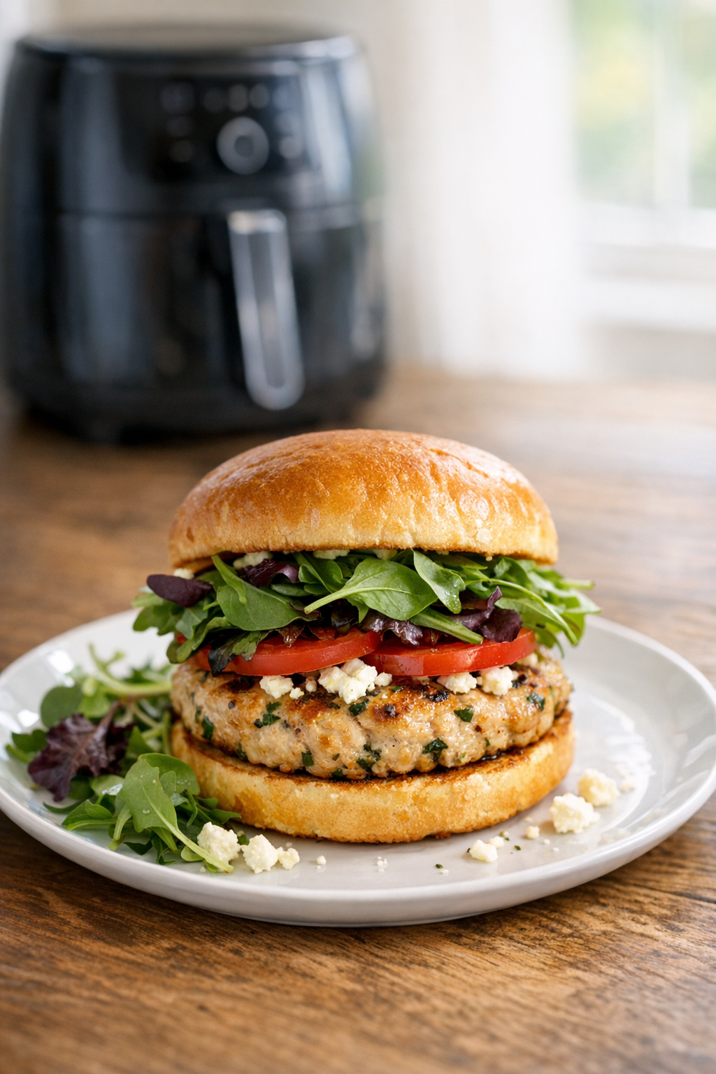 Air Fryer Turkey Burgers with Feta & Spring Greens