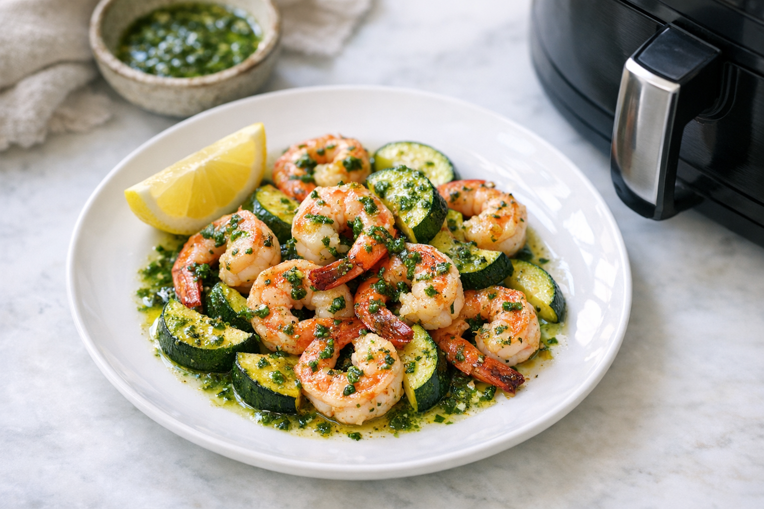 Air Fryer Shrimp with Courgettes and Herb Oil