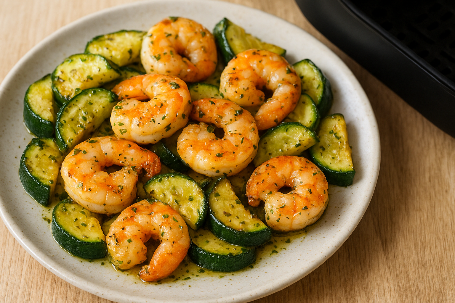 Air Fryer Shrimp with Courgettes and Herb Oil