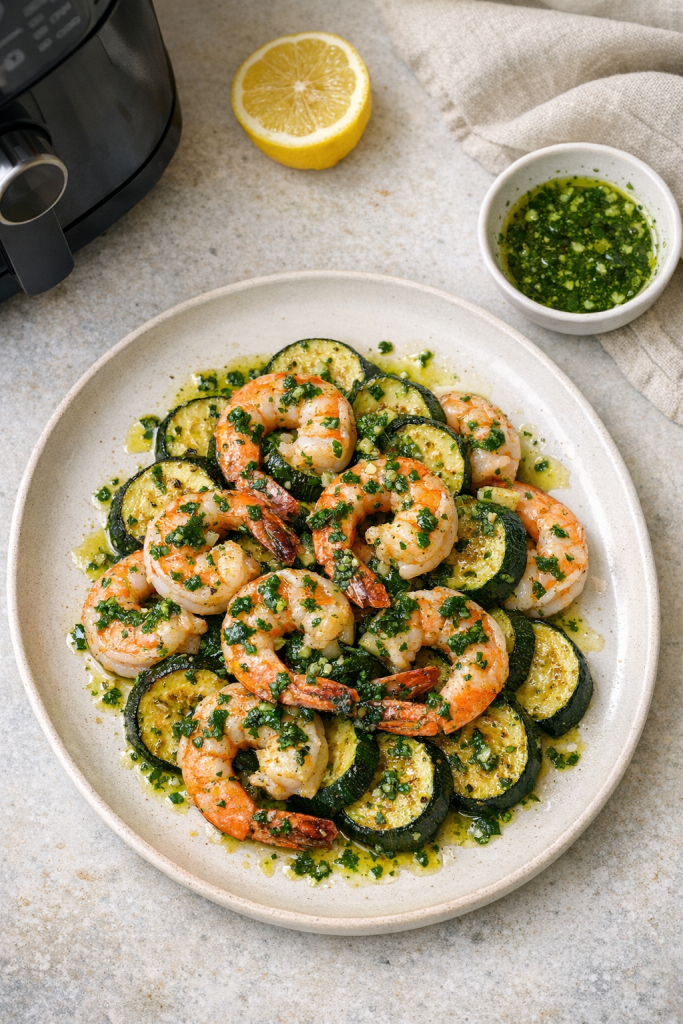 Weeknight Air Fryer Shrimp with Courgettes and Herb Oil