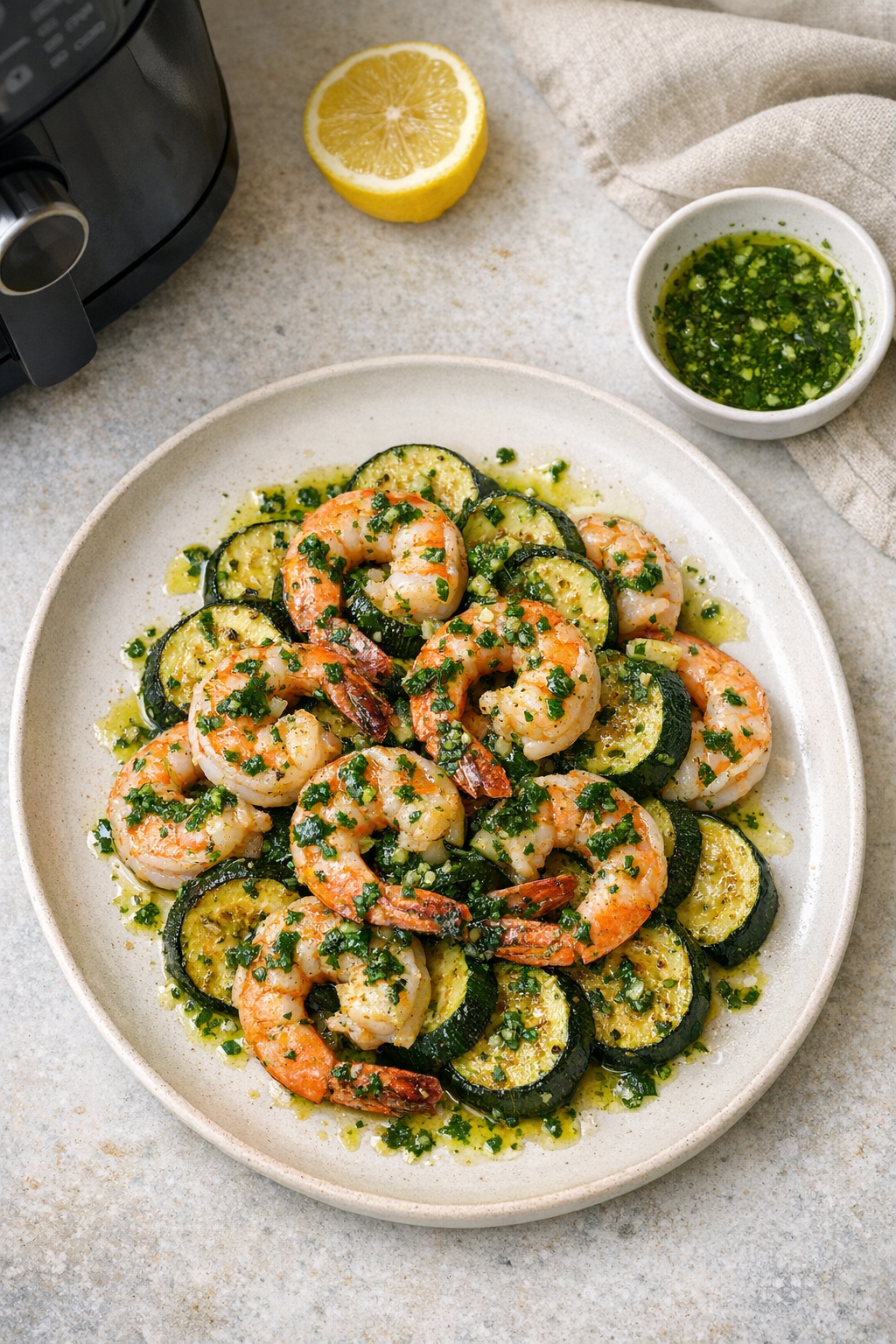 Air Fryer Shrimp with Courgettes and Herb Oil