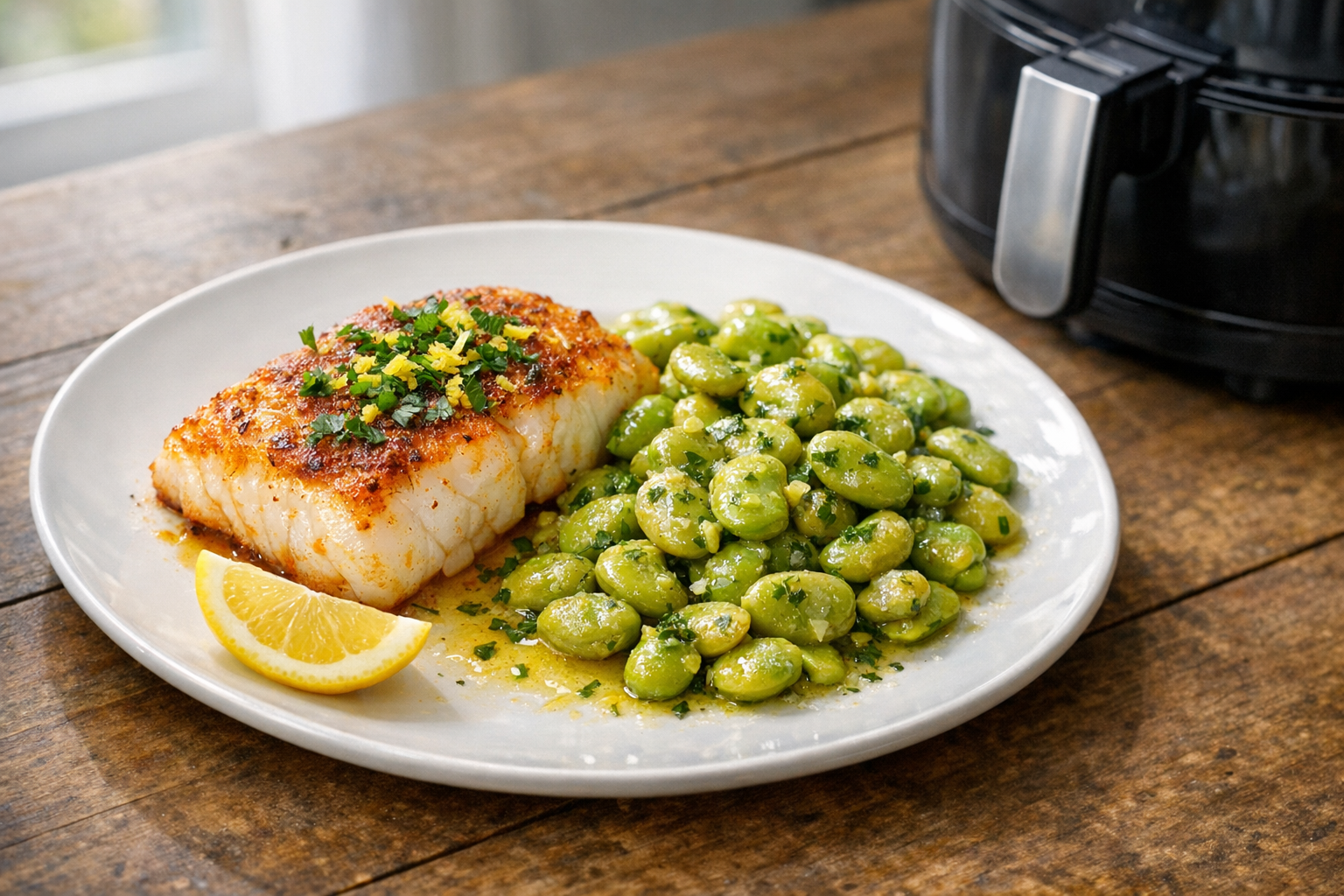 30-Minute Air Fryer Cod with Buttered Fava Beans