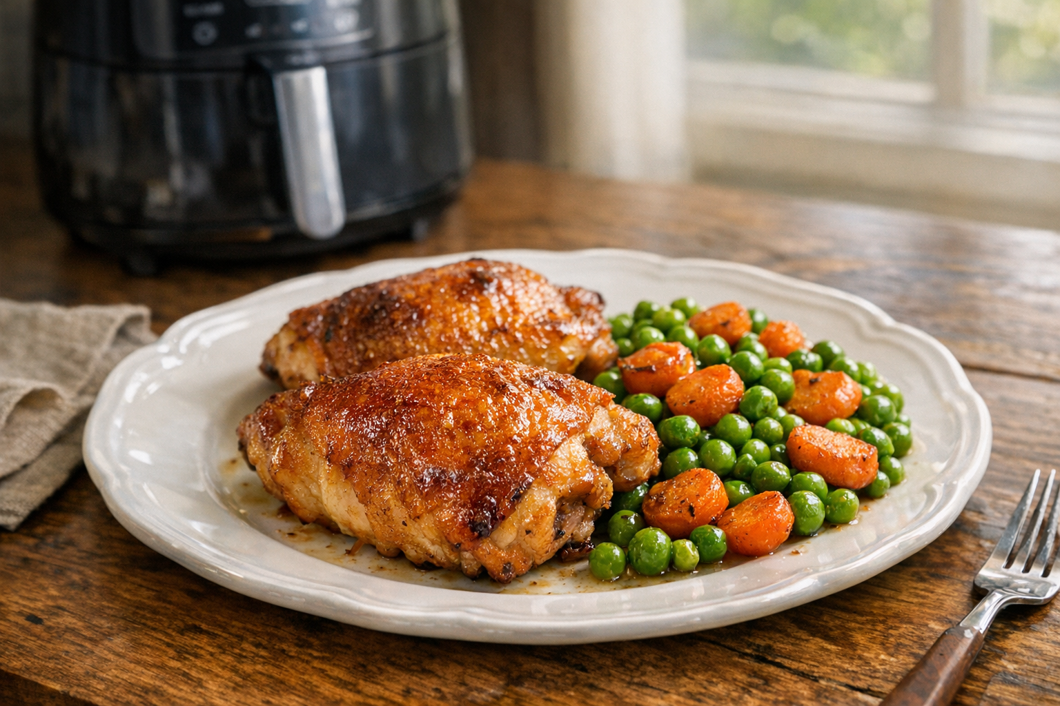One-Basket Air Fryer Chicken Thighs with Peas & Carrots