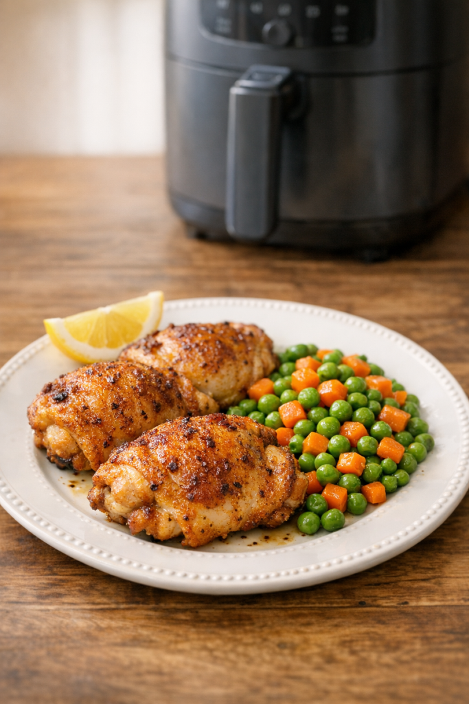 One-Basket Air Fryer Chicken Thighs with Peas and Carrots