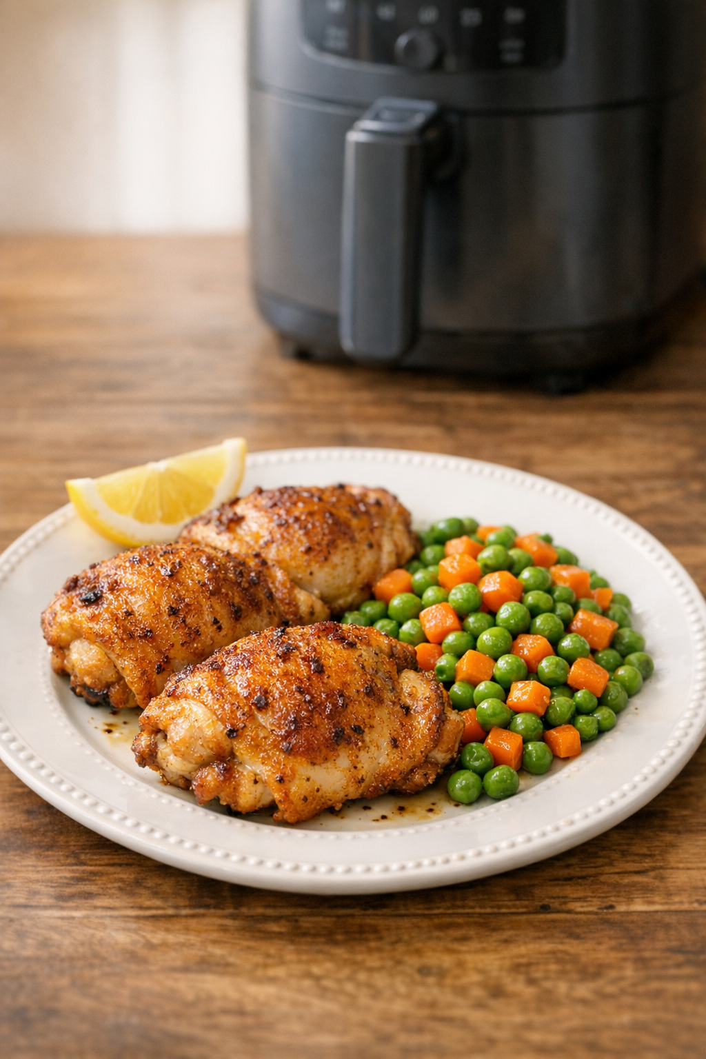 One-Basket Air Fryer Chicken Thighs with Peas & Carrots