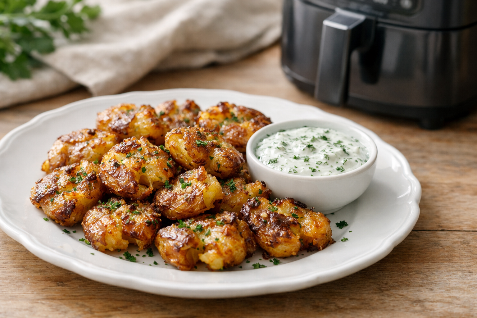 Crispy Air Fryer Baby Potatoes with Herb Yogurt Sauce