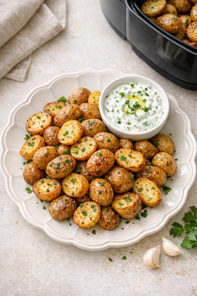 Crispy Air Fryer Baby Potatoes with Herb Yogurt Sauce