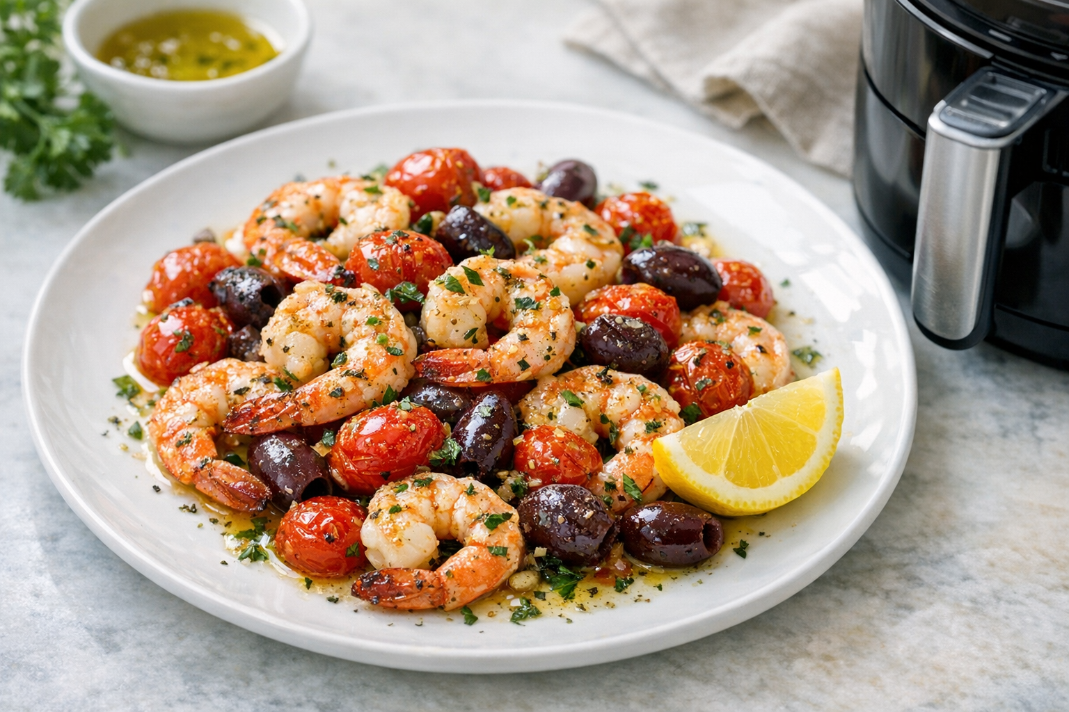30-Minute Air Fryer Shrimp with Tomatoes & Olives