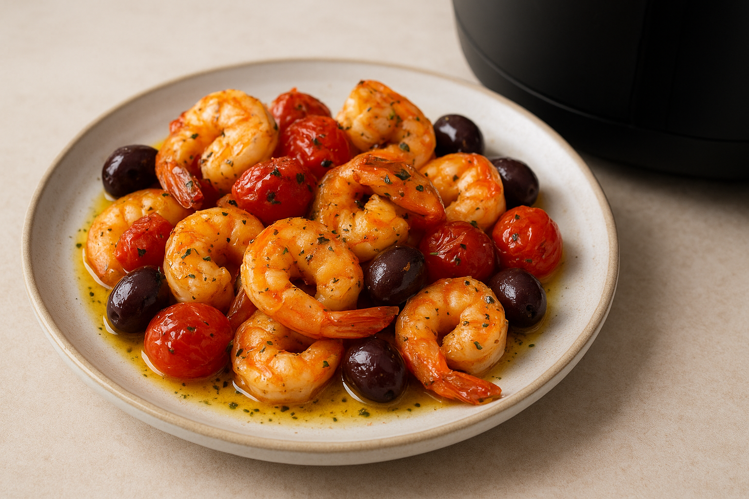 30-Minute Air Fryer Shrimp with Tomatoes & Olives