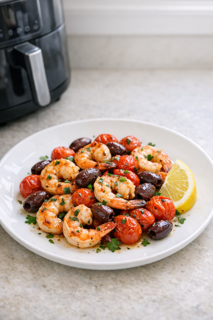 30-Minute Air Fryer Shrimp with Tomatoes and Olives