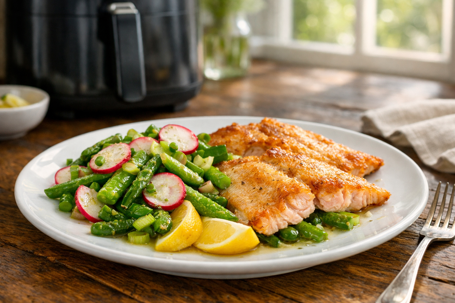 Easy Air Fryer Trout Fillets with Spring Veg Toss
