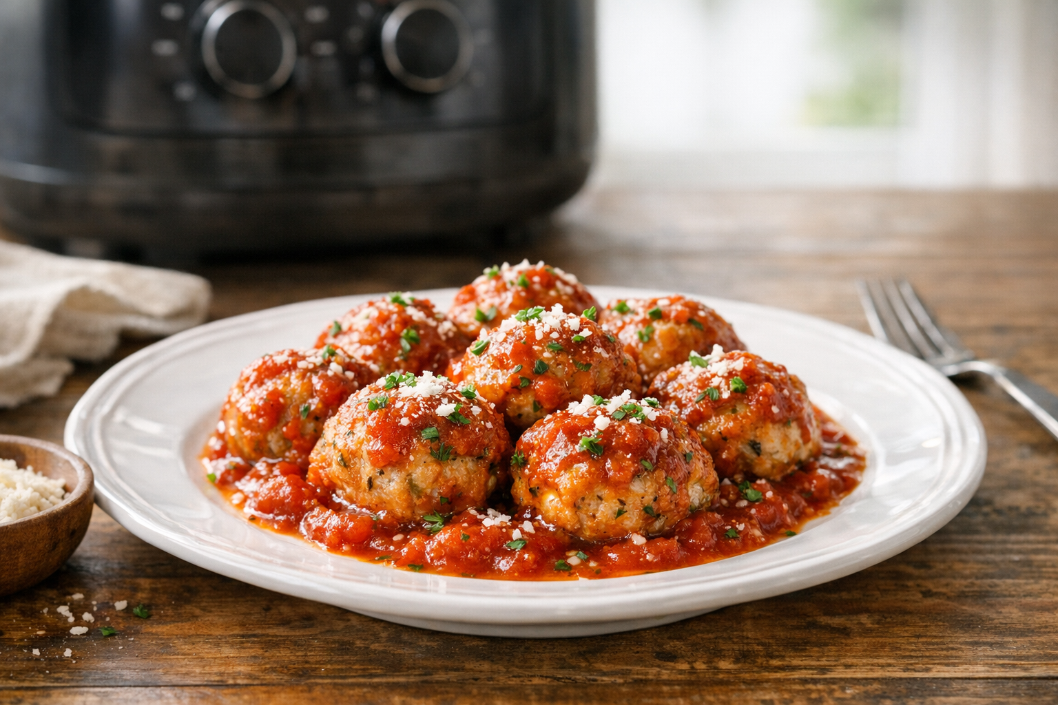Air Fryer Turkey Meatballs with Tomato Herb Sauce
