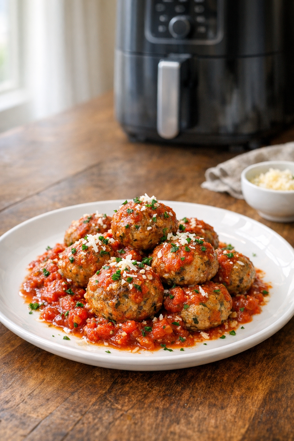 Air Fryer Turkey Meatballs with Tomato Herb Sauce