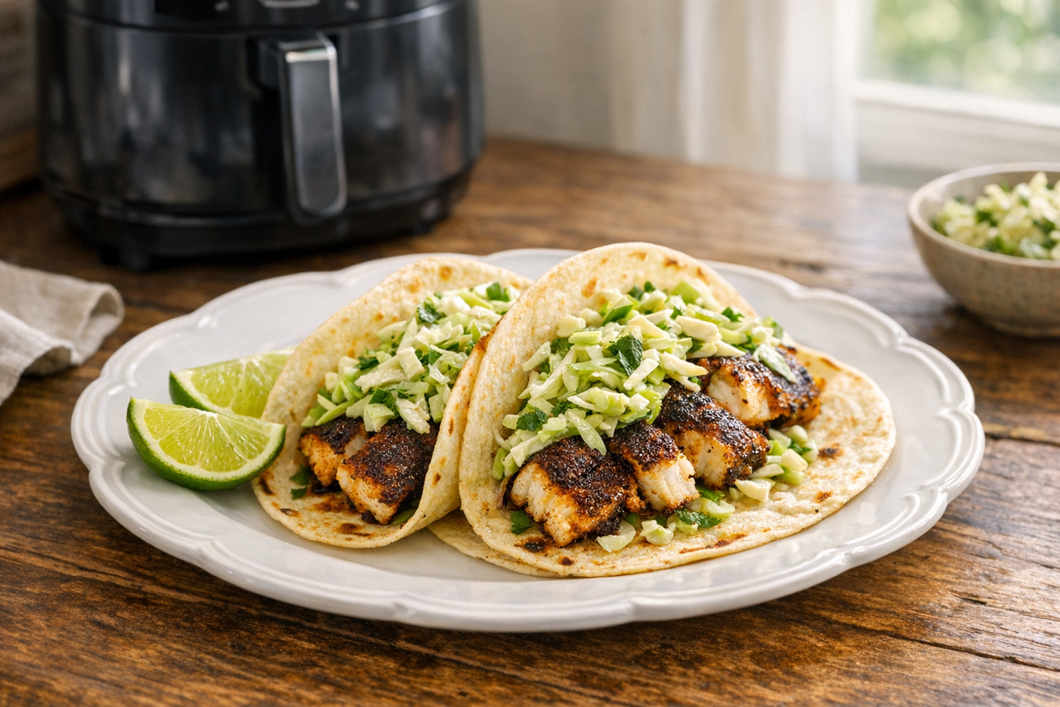 Air Fryer Blackened Fish Tacos with Cabbage Slaw