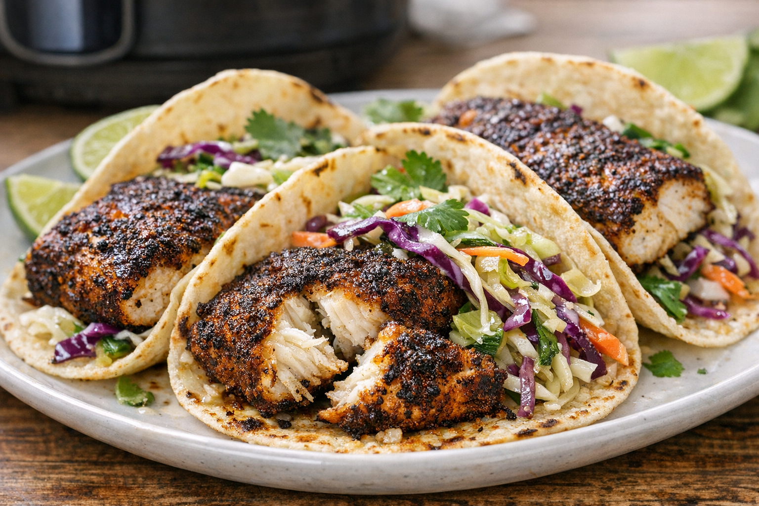 Air Fryer Blackened Fish Tacos with Cabbage Slaw