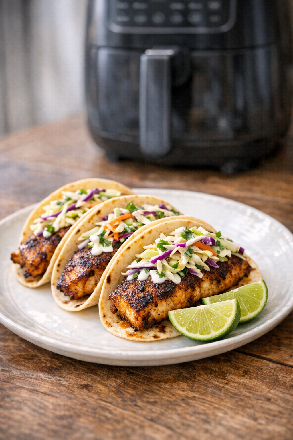 Air Fryer Blackened Fish Tacos with Cabbage Slaw