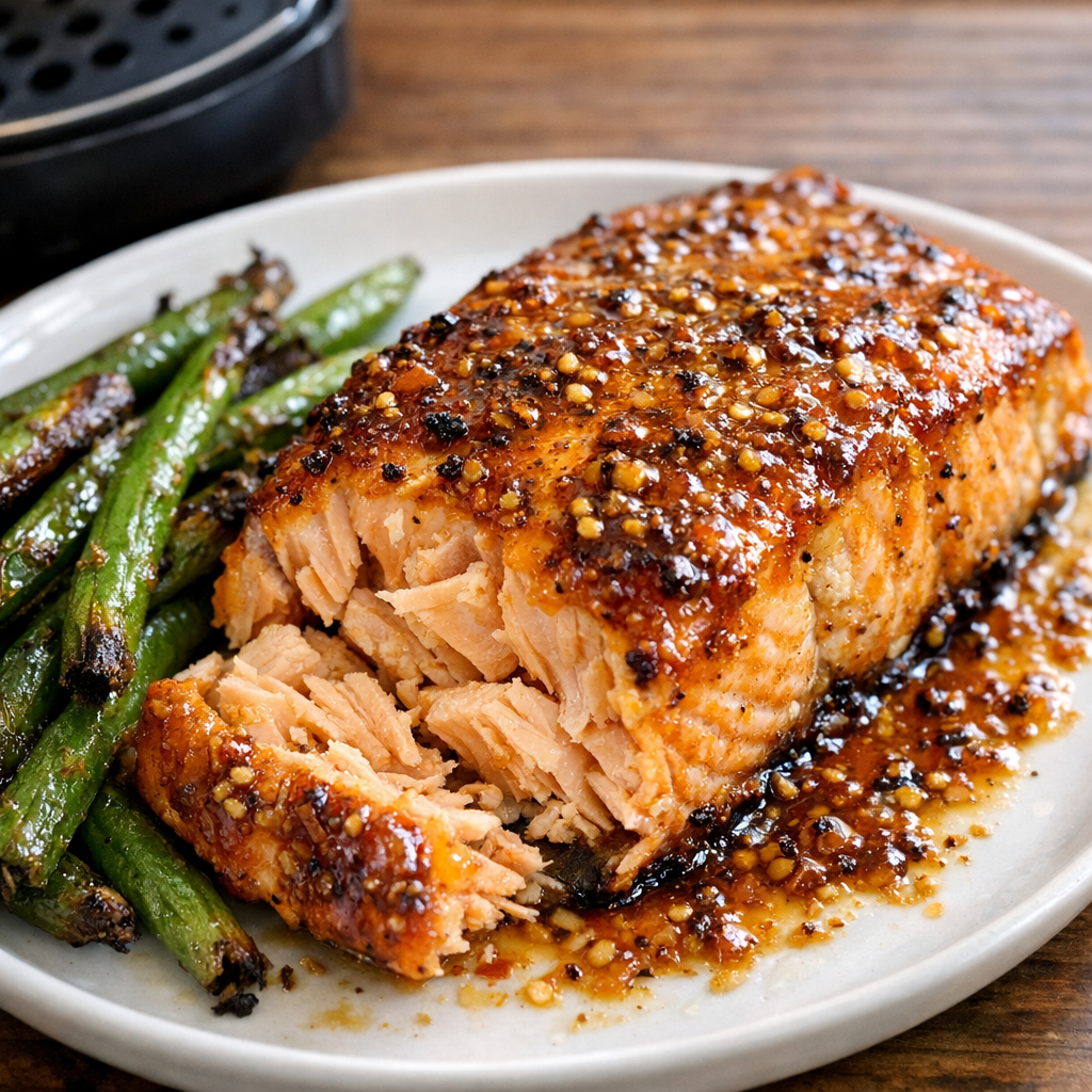 Air Fryer Honey Mustard Salmon & Green Beans