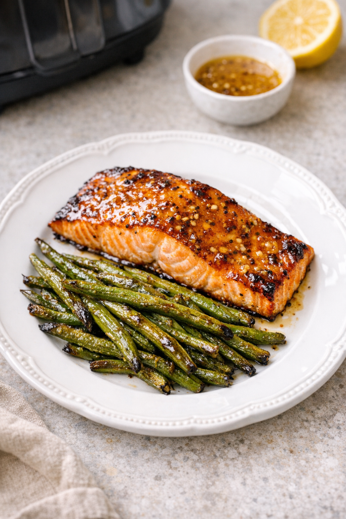 Air Fryer Honey Mustard Salmon with Roasted Green Beans