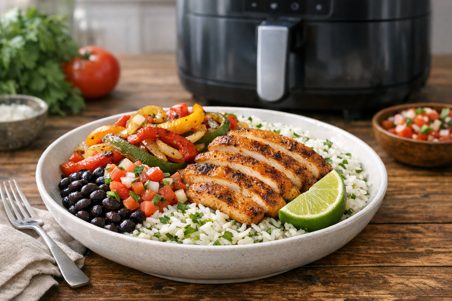 Air Fryer Chicken Fajita Bowls with Peppers & Onions