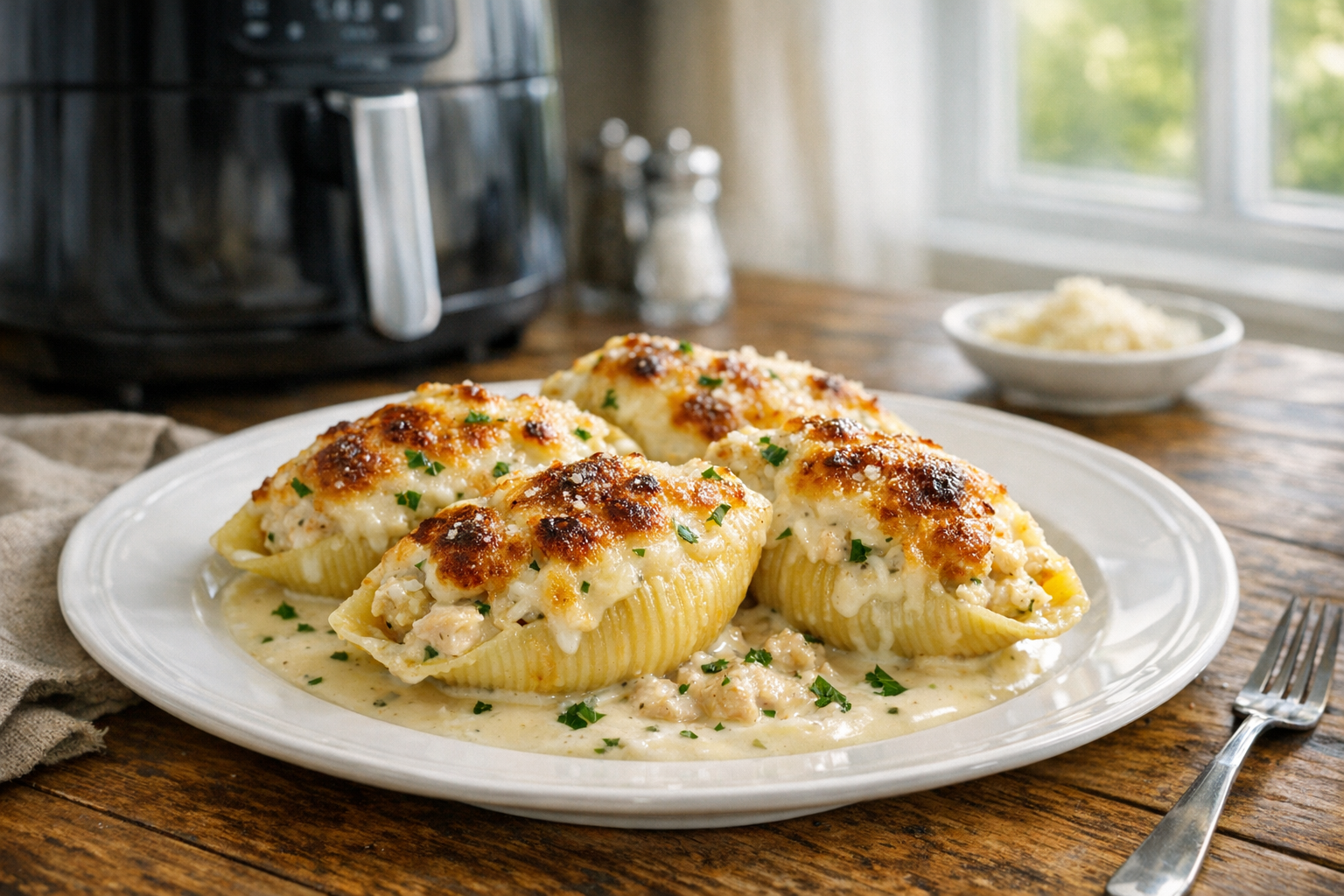 Air Fryer Chicken Alfredo Stuffed Shells (Crispy Top)