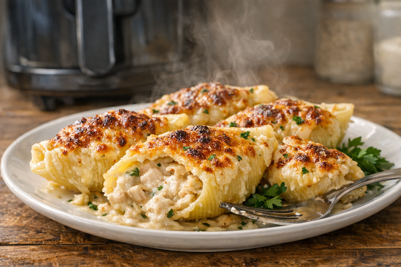 Air Fryer Chicken Alfredo Stuffed Shells (Crispy Top)